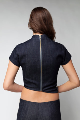 Gloria High Neck Cropped Denim Top Back Bone Society.