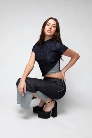 Gloria High Neck Cropped Denim Top Back Bone Society.