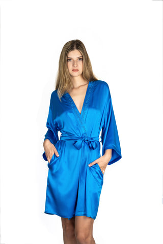 Model wearing "The Xavier" silk robe in color electric ocean blue