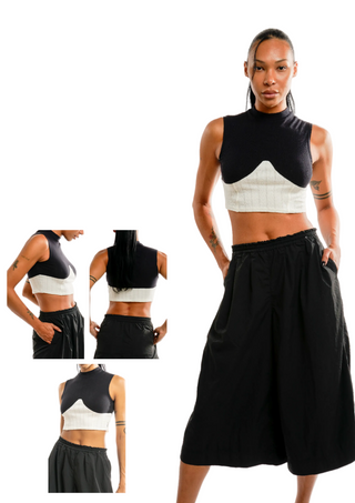 Woman wearing a black and white sleeveless top with wide-leg pants, surrounded by inset images.