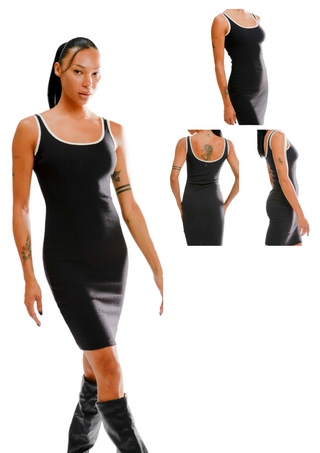 Black tank dress worn by a model with close-up insets on a white background