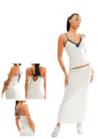 Woman wearing a white top and skirt set with product names and prices displayed.
