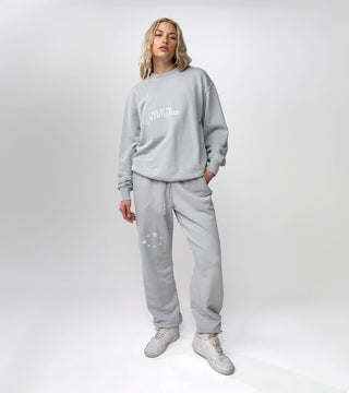 "I Will See You In A Better World" light grey crewneck with matching light grey sweatpants with solar system design