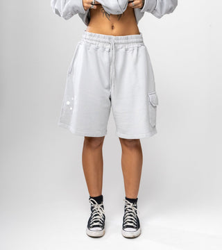 grey baggy shorts with high waisted band, spacious pockets, and galaxy design in white 