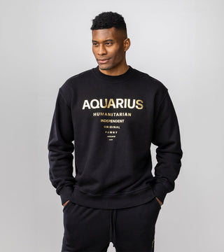 black crewneck with gold reflective foil reading "Aquarius" and a list of personality traits. "Humanitarian, Independent, Original, Funny, Impulsive, Aloof." 