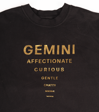 Black crewneck with "Gemini, Affectionate, Curious, Gentle, Chatty, Indecisive, Two Faced" in gold reflective foil